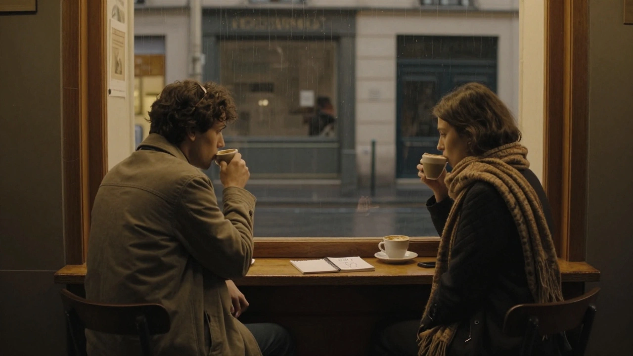 Two people sitting in silence at a 24-hour bakery in Paris 12, each with a cup of coffee, no interaction.