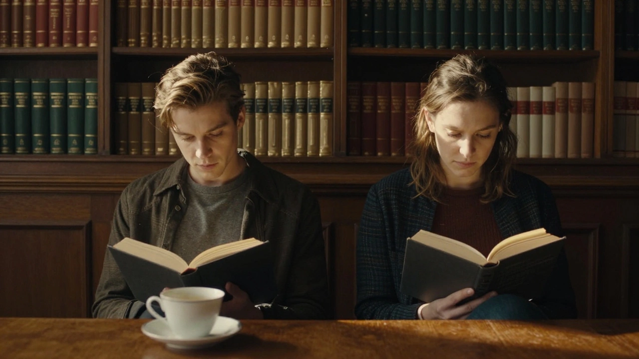 Two people sitting in silent companionship in a library reading room, surrounded by vintage books and golden lamplight.
