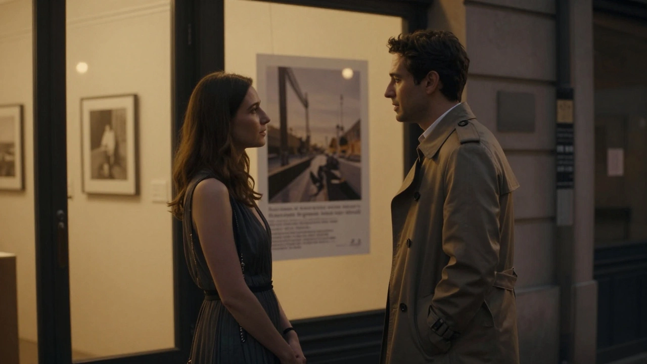 Two people stand in quiet conversation outside an art gallery in Saint-Germain at dusk, no physical contact.