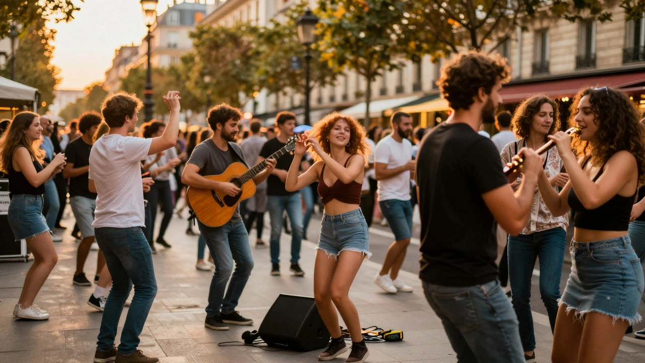 Vibrant Fête de la Musique street scene with dancing crowd and live musicians in Paris