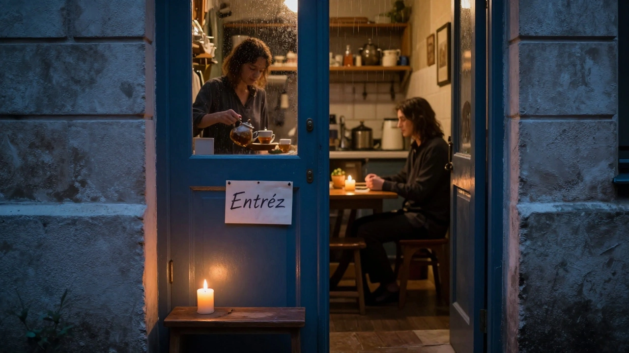 A candle-lit doorway in Montmartre at midnight, hinting at a hidden gathering inside.