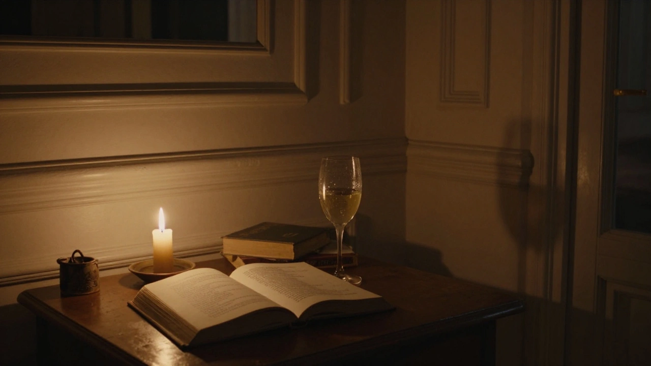 A candlelit Parisian apartment with an open book and glass of wine, evoking quiet intimacy.