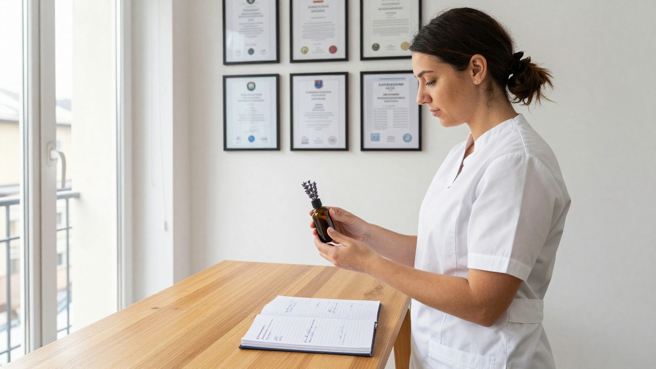 A certified massage therapist in Paris holding essential oils beside a consultation table with training certifications on the wall.
