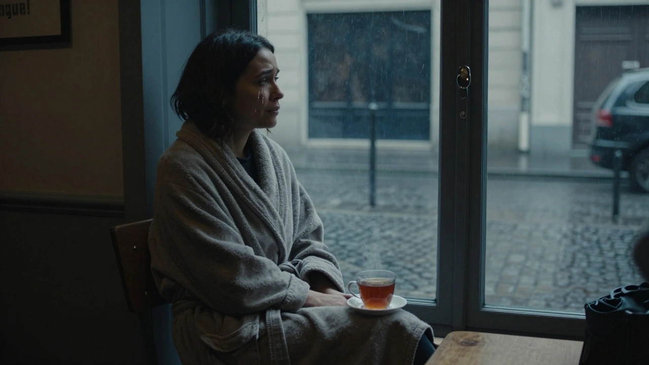 A client sitting alone after a session, wrapped in a robe, tears on their face, gazing out a rainy Paris window in quiet emotional release.