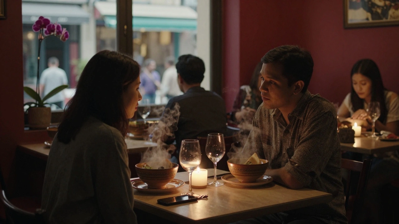 A couple enjoying a quiet dinner at a cozy Cambodian restaurant in Paris with candlelight and wine.