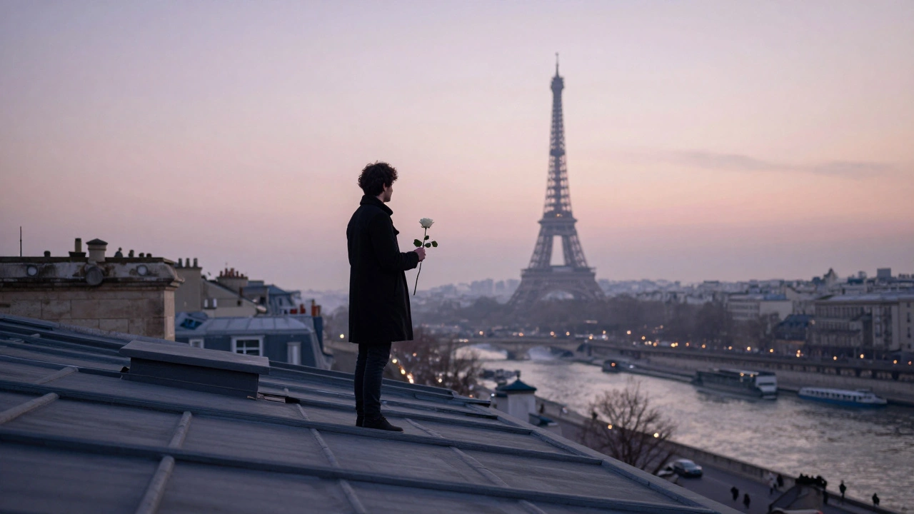 A figure stands on a rooftop at dawn, receiving a white rose from a companion, the Eiffel Tower faint in the distance.