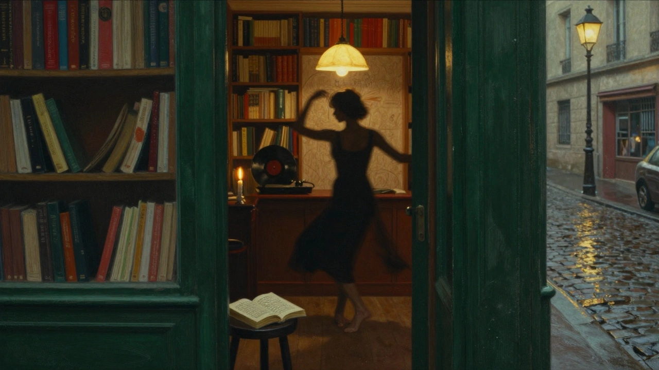 A lone woman dancing in a cozy Parisian bar lined with books, lit by a single lamp.