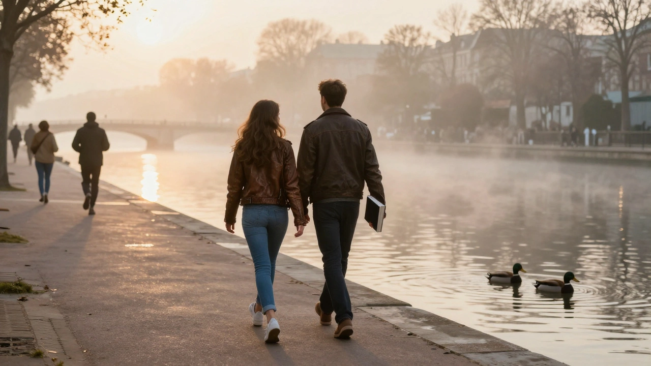 A man and woman walk along the Canal Saint-Martin at sunrise, mist rising from the water, locals jogging in the distance.
