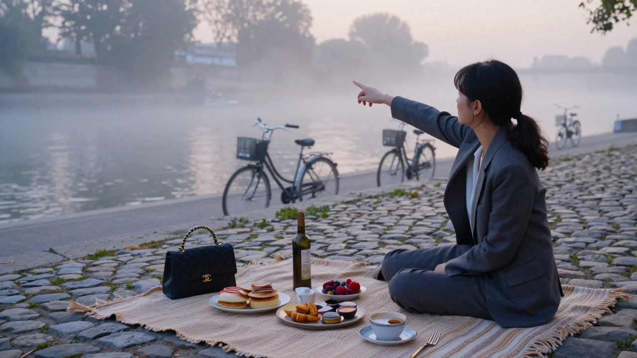 A peaceful Seine picnic at dawn with gourmet food and a vintage handbag.