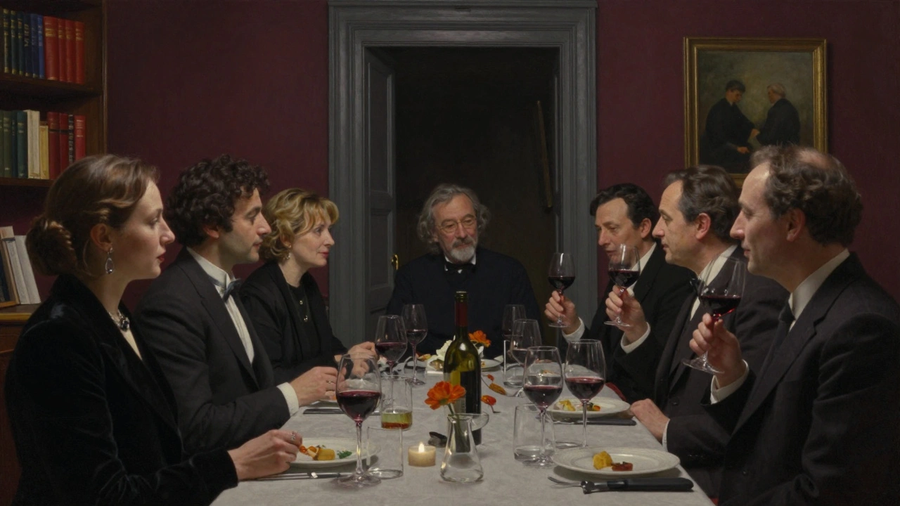 A private Paris dinner party in a luxurious salon, figures softly blurred, atmosphere of discretion.