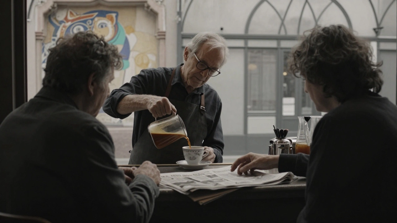 A quiet moment at a historic Paris arcade, two people sharing coffee and a newspaper in soft focus.