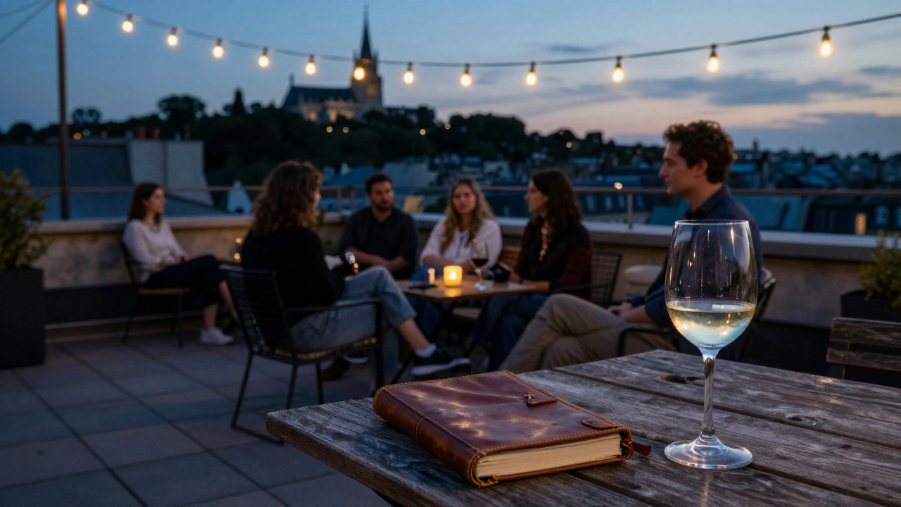 A rooftop terrace at dusk with string lights and a view of Paris park silhouette.