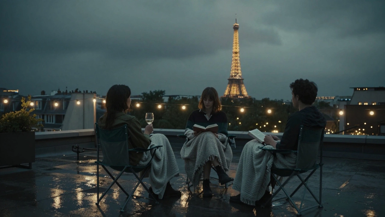 A rooftop terrace in Paris after rain, three people sitting in silent companionship.