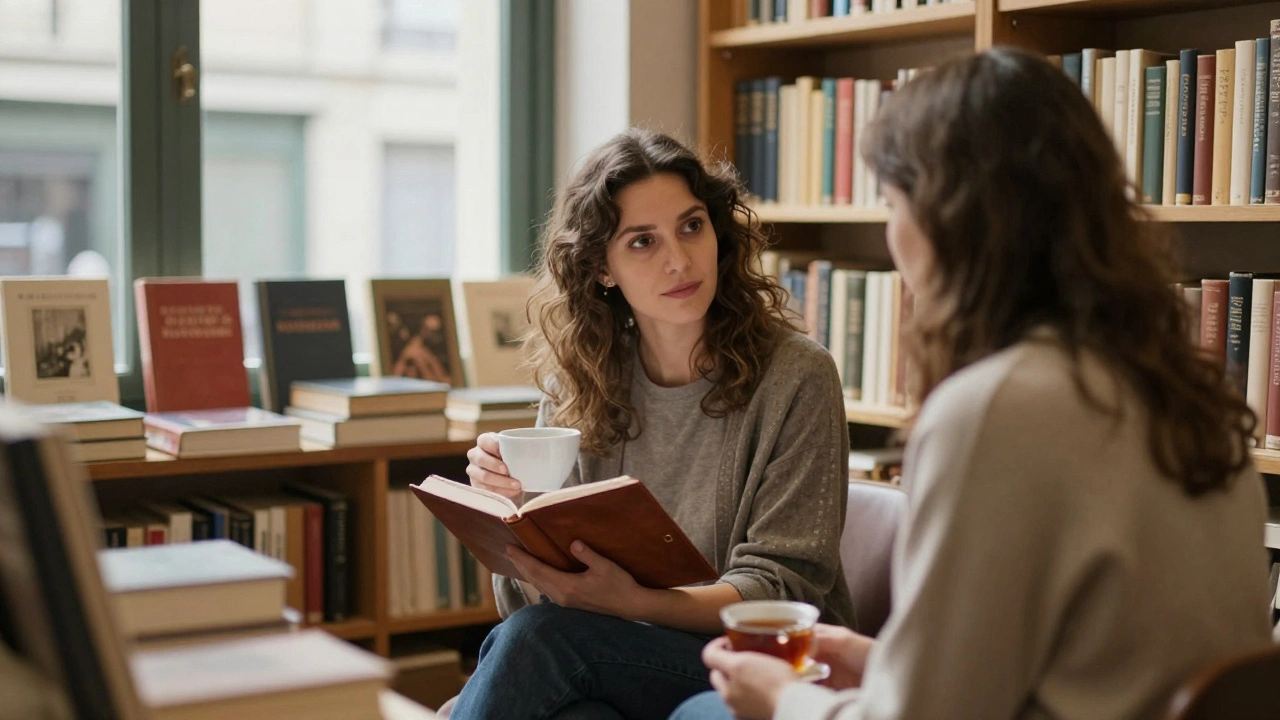 A woman and client having a quiet conversation in a cozy Paris bookshop filled with vintage books.
