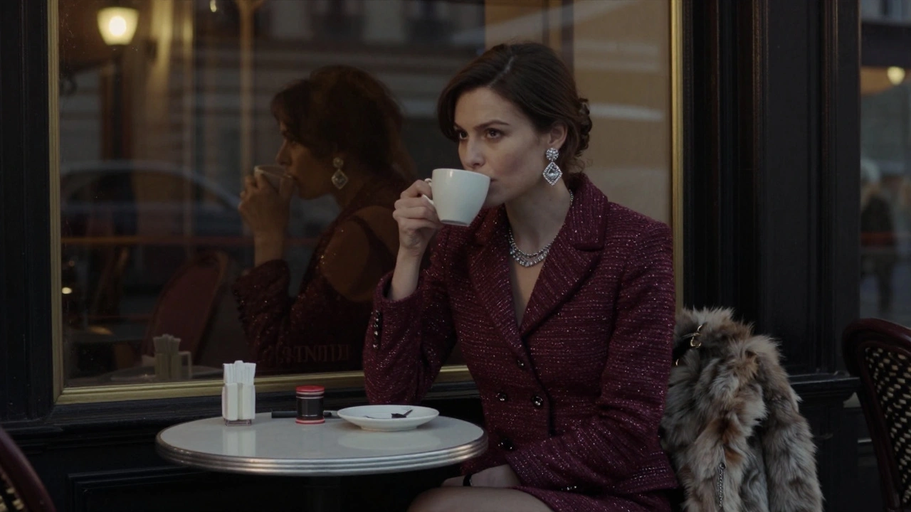 A woman in a Chanel suit drinks coffee alone at 2 a.m., her reflection hinting at a hidden dual life.