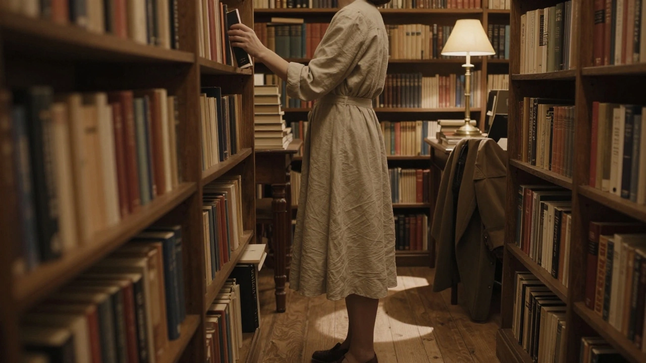 A woman in a linen dress selecting a book in a dimly lit, intimate Parisian bookshop in Passy.