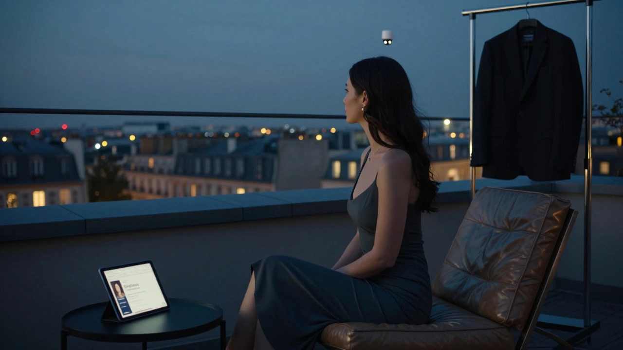 A woman in an evening gown on a rooftop terrace at dusk, city lights behind her, a security camera faintly visible.