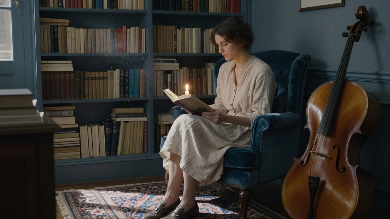 A woman reading Proust in a book-lined study, with a cello in the corner and candlelight casting soft shadows.