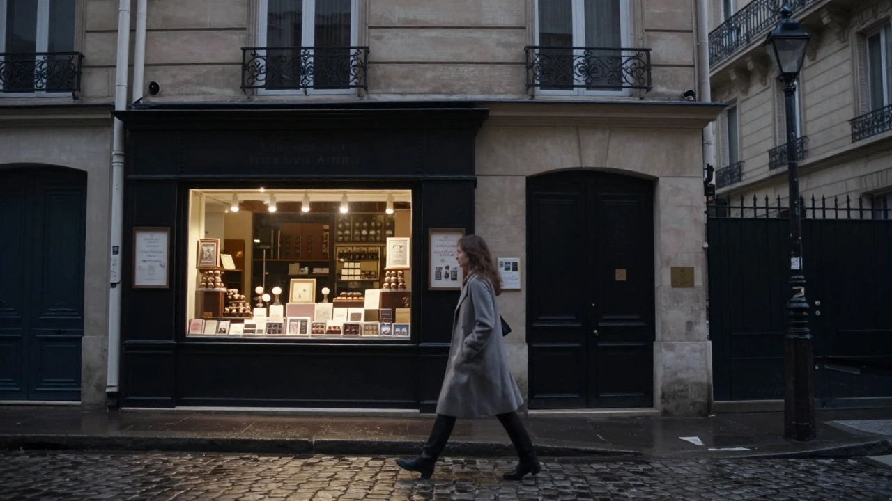 A woman walking slowly down a rain-glistening cobblestone street in Paris at dusk.