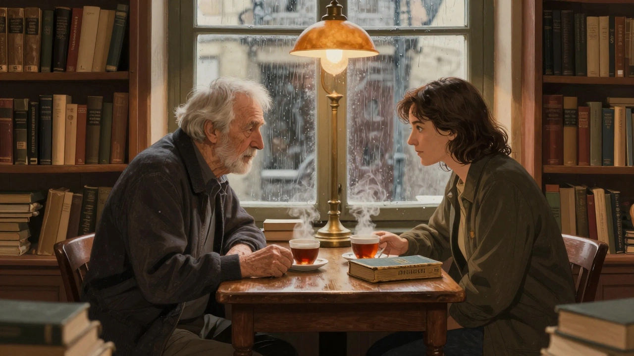 An elderly man and a companion share tea in a quiet bookshop, rain tapping the windows, shelves of vintage books around them.