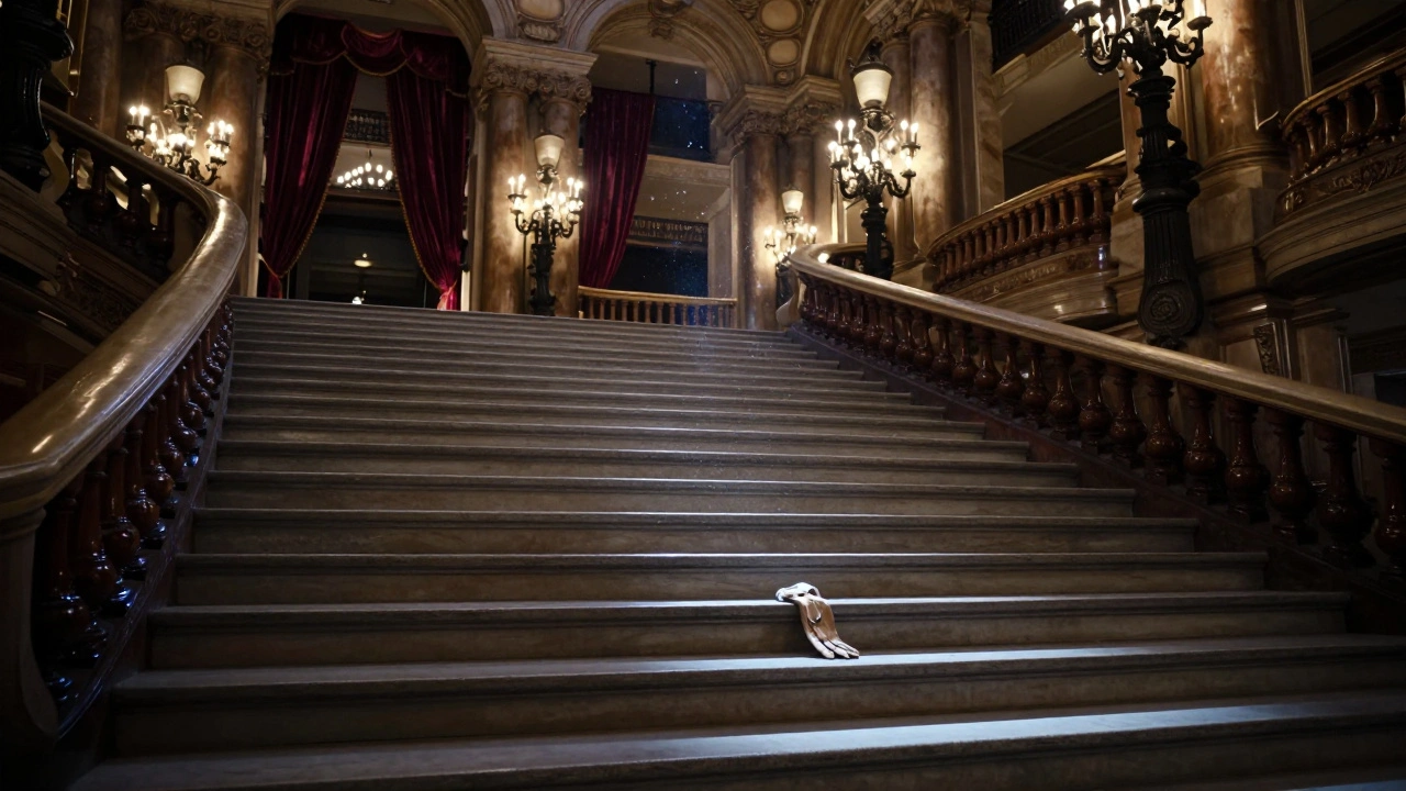 An empty, opulent staircase in Opéra Garnier illuminated only by chandeliers at night.