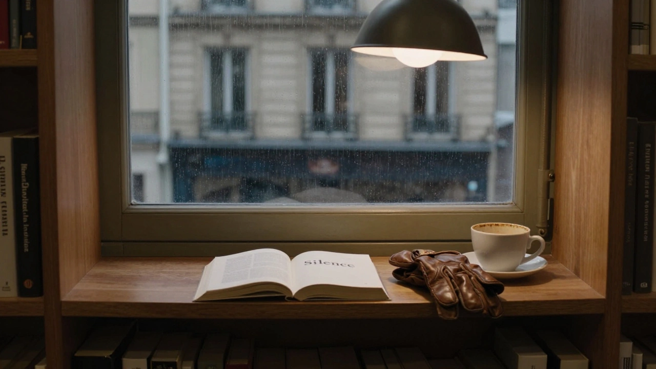 An empty Parisian bookstore with an open book and a cooling cup of coffee, evoking a quiet, unspoken human connection.