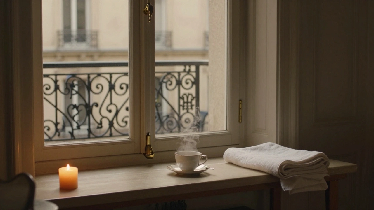 An empty relaxation room after a session: a steaming tea cup, folded towel, and burning candle evoke calm and presence in a Parisian courtyard setting.