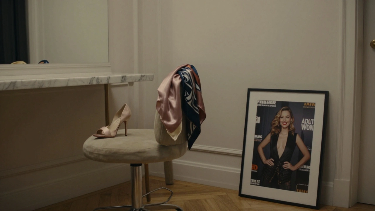 An empty salon with a high-heeled shoe and silk scarf, a framed photo of a performer's signature pose on the wall.