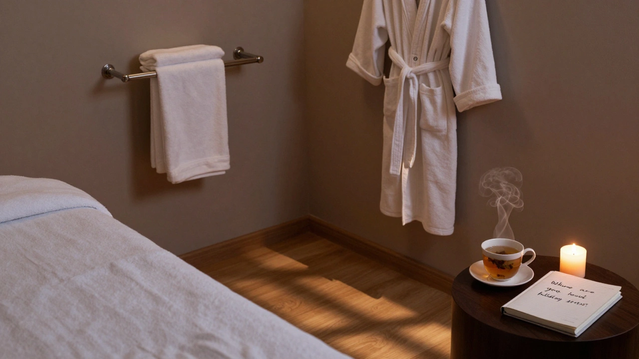An empty, serene massage room at dusk with a folded robe, steaming tea, and a flickering candle, evoking calm and stillness.