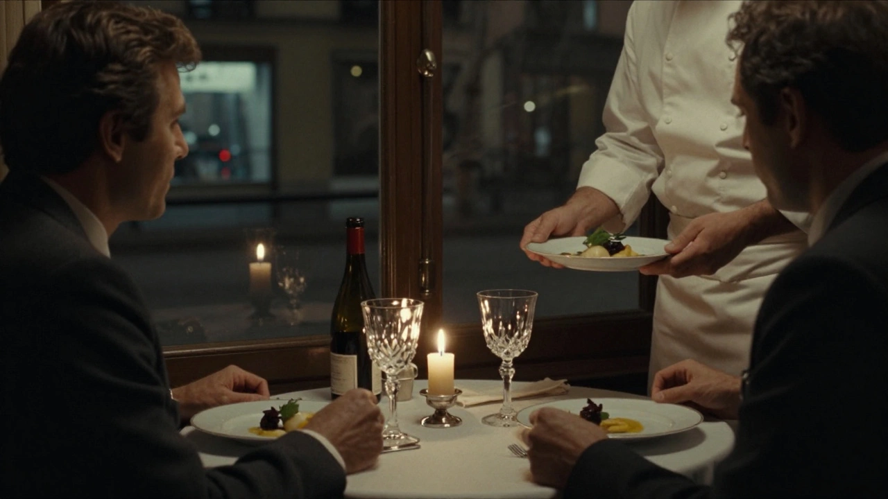 An intimate candlelit dinner at a hidden Paris bistro with fine dining details and soft streetlight glow.
