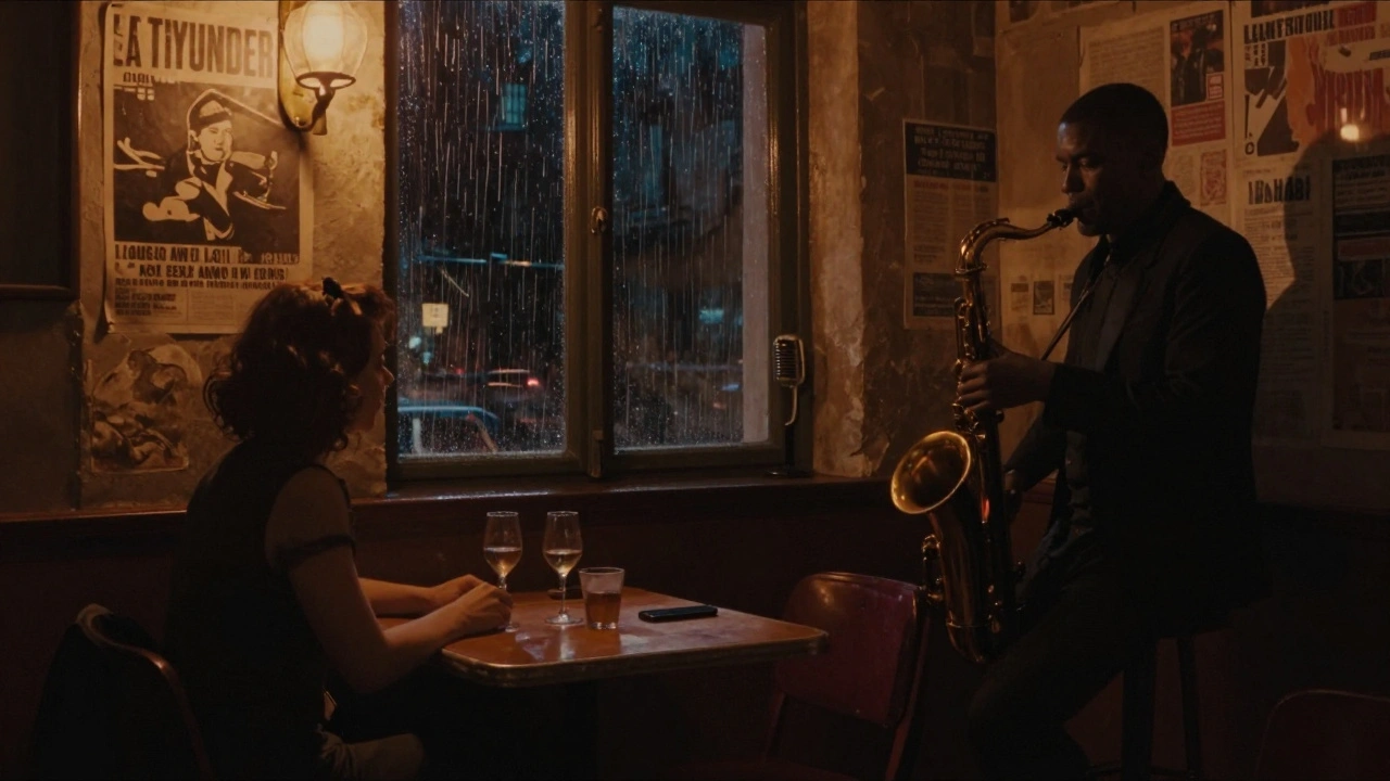 An intimate jazz club scene in Montmartre at night, couple sharing wine as a saxophonist plays in dim amber light.