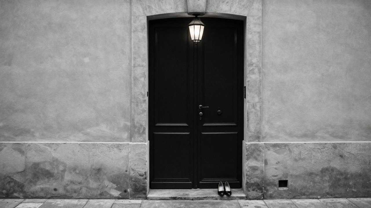An unmarked door slightly open in a Paris courtyard, with shoes placed neatly outside, glowing light inside.