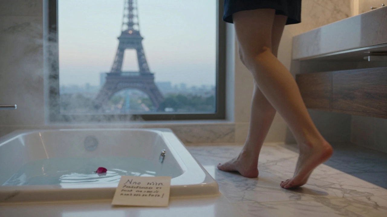 Barefoot on marble, steam rises from a tub as a handwritten note lies untouched on the vanity at dawn.