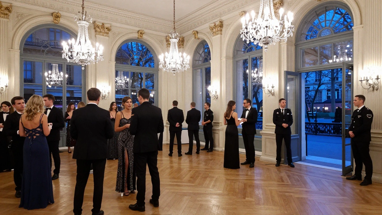 Formal gala event with guests and security at Paris venue