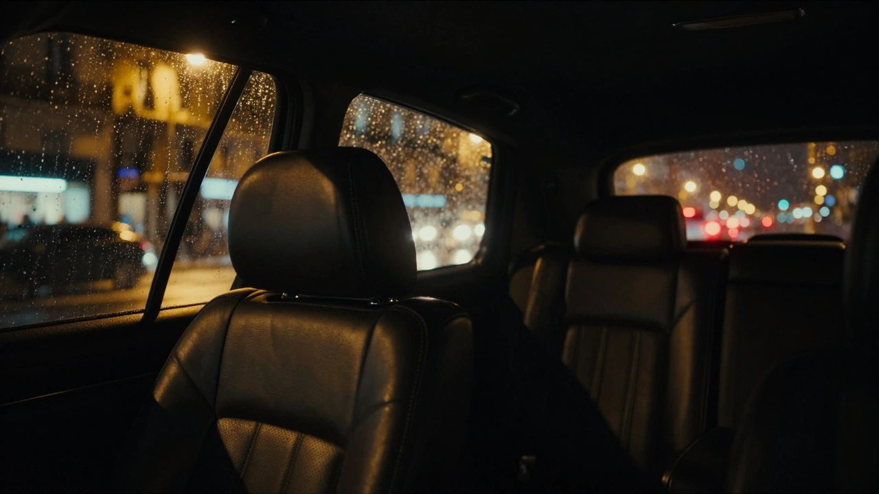 Interior of luxury car with rain-streaked window at night.