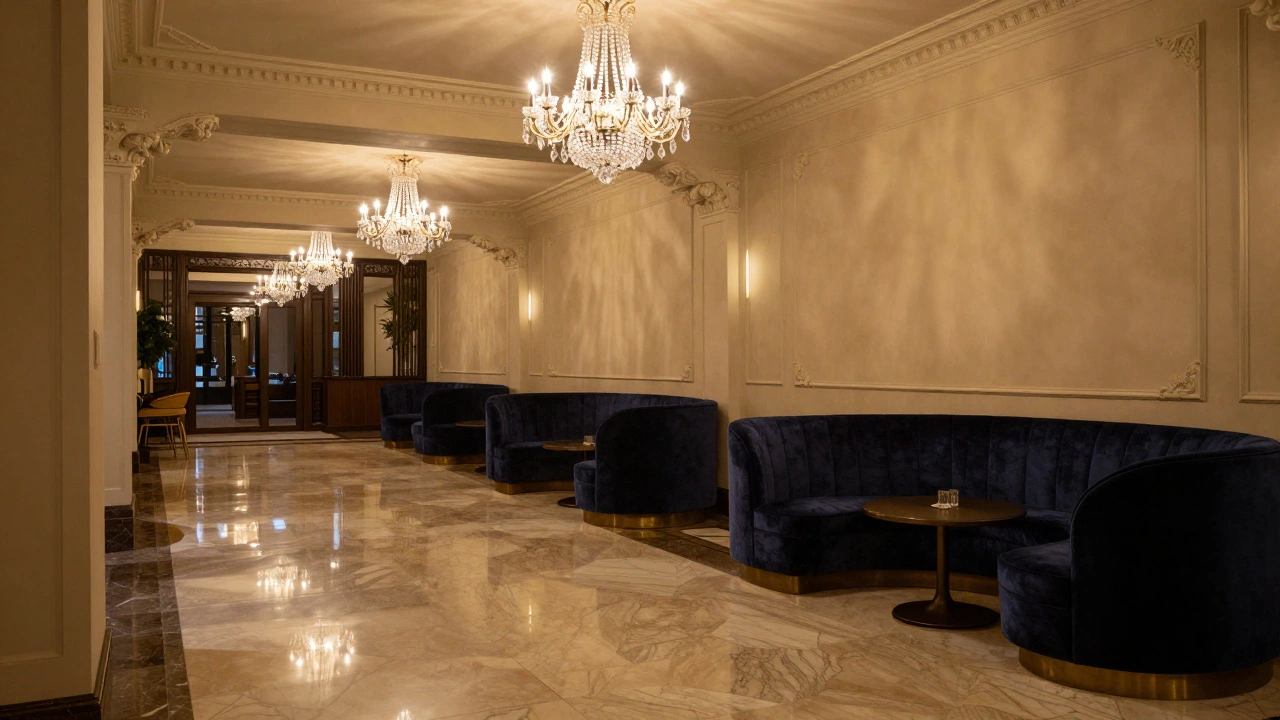 Luxurious empty hotel lobby interior with warm lighting and marble floors.