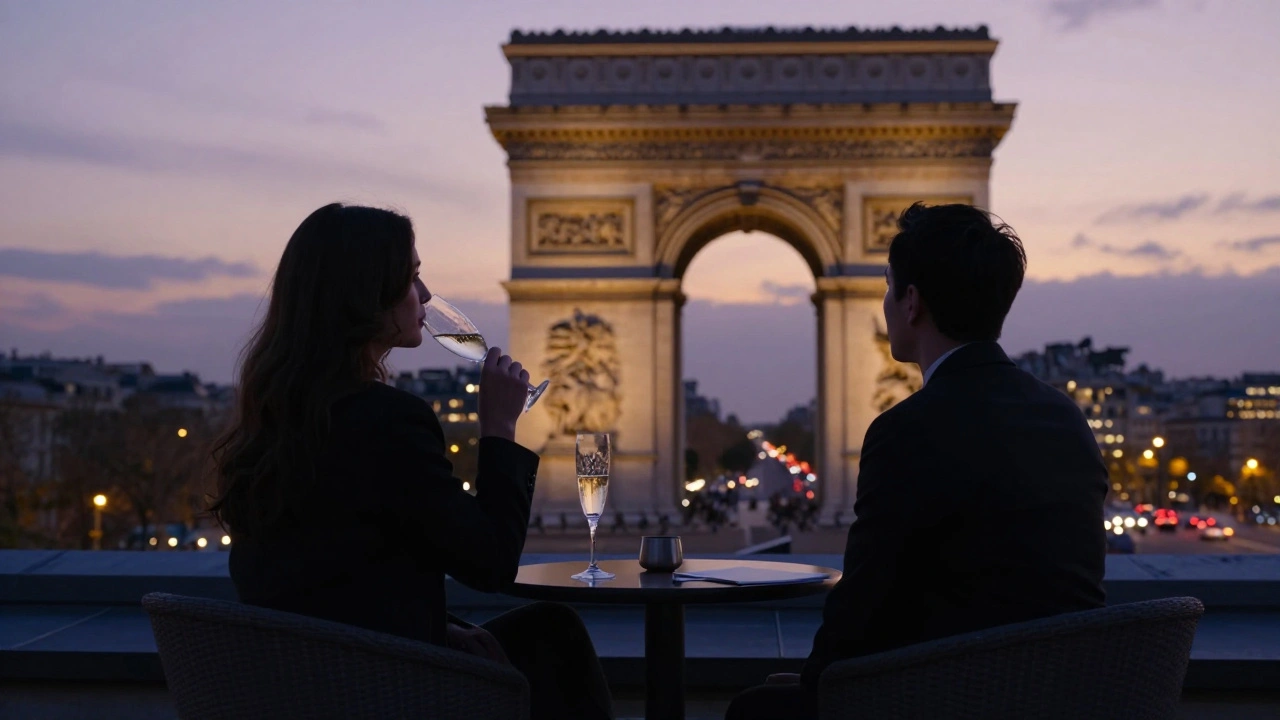 Silhouettes of two people on a Paris rooftop terrace at dusk, overlooking the Arc de Triomphe in soft twilight.