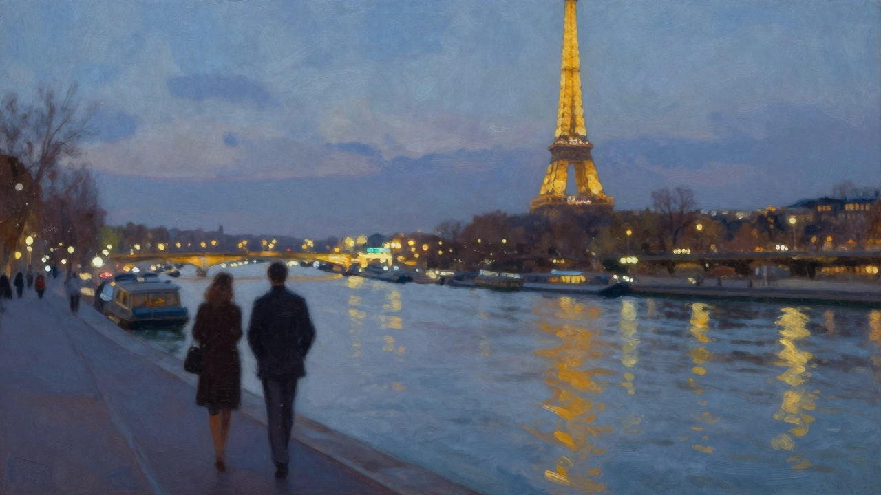 Silhouettes of two people walking by the Seine river at night.