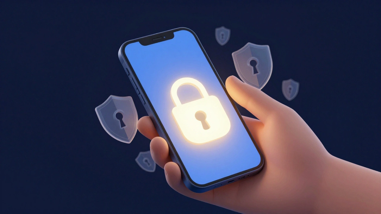 Smartphone glowing with abstract safety symbols against a dark background.