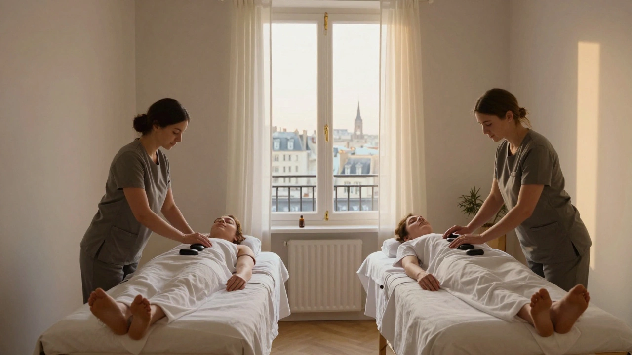 Two clients receiving separate sensual massages in a quiet Parisian studio, with warm stones and golden hour light filtering through sheer curtains.