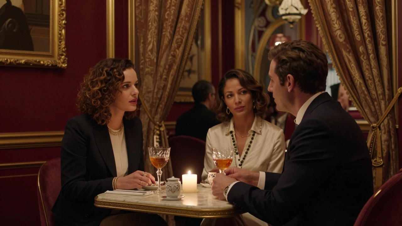 Two people conversing over drinks in sophisticated Paris restaurant interior