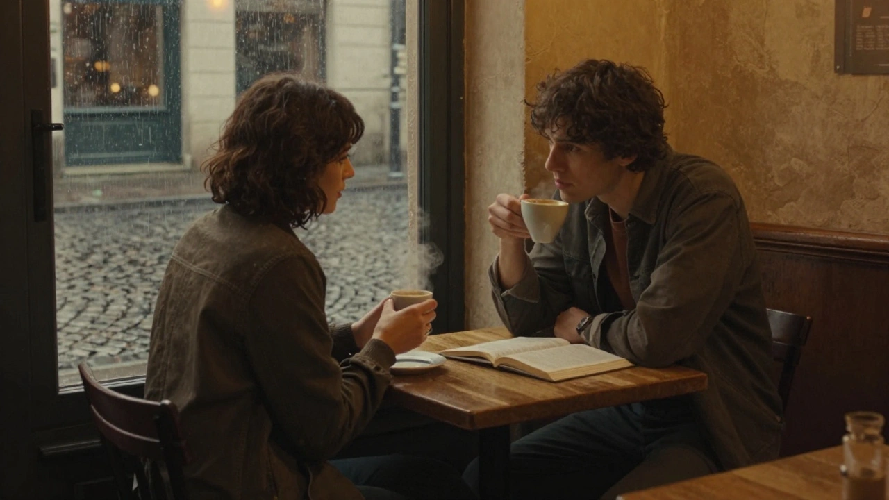 Two people having a calm, intimate conversation in a Paris café, no words needed.