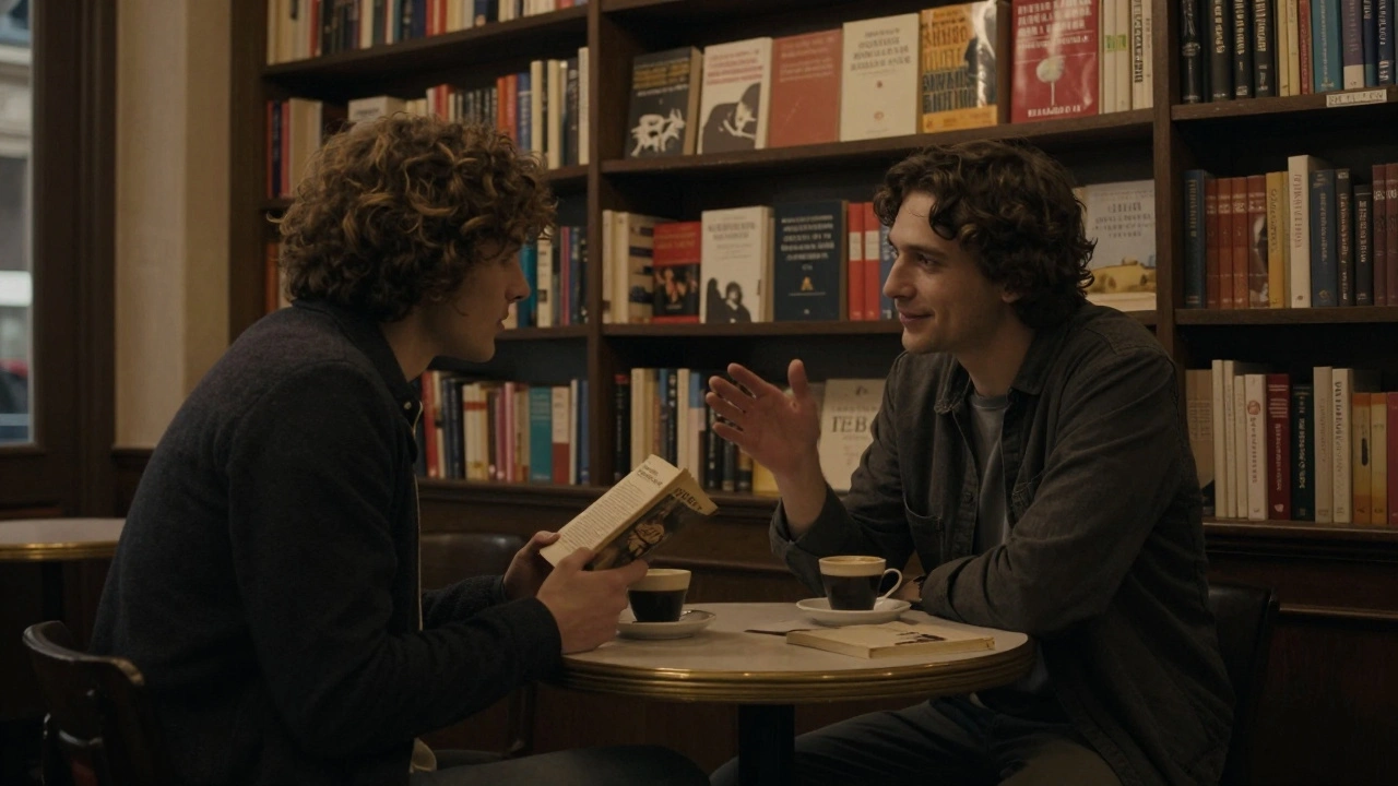 Two people having a quiet conversation in a Parisian bookstore café.