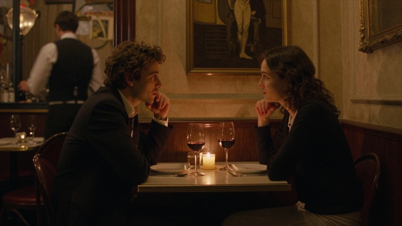 Two people share a quiet dinner in a cozy Parisian bistro, candlelight casting soft shadows on their faces.
