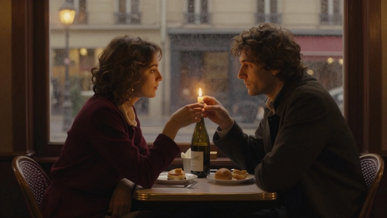 Two people share wine at a secluded bistro table, fingers nearly touching in quiet, unspoken connection.