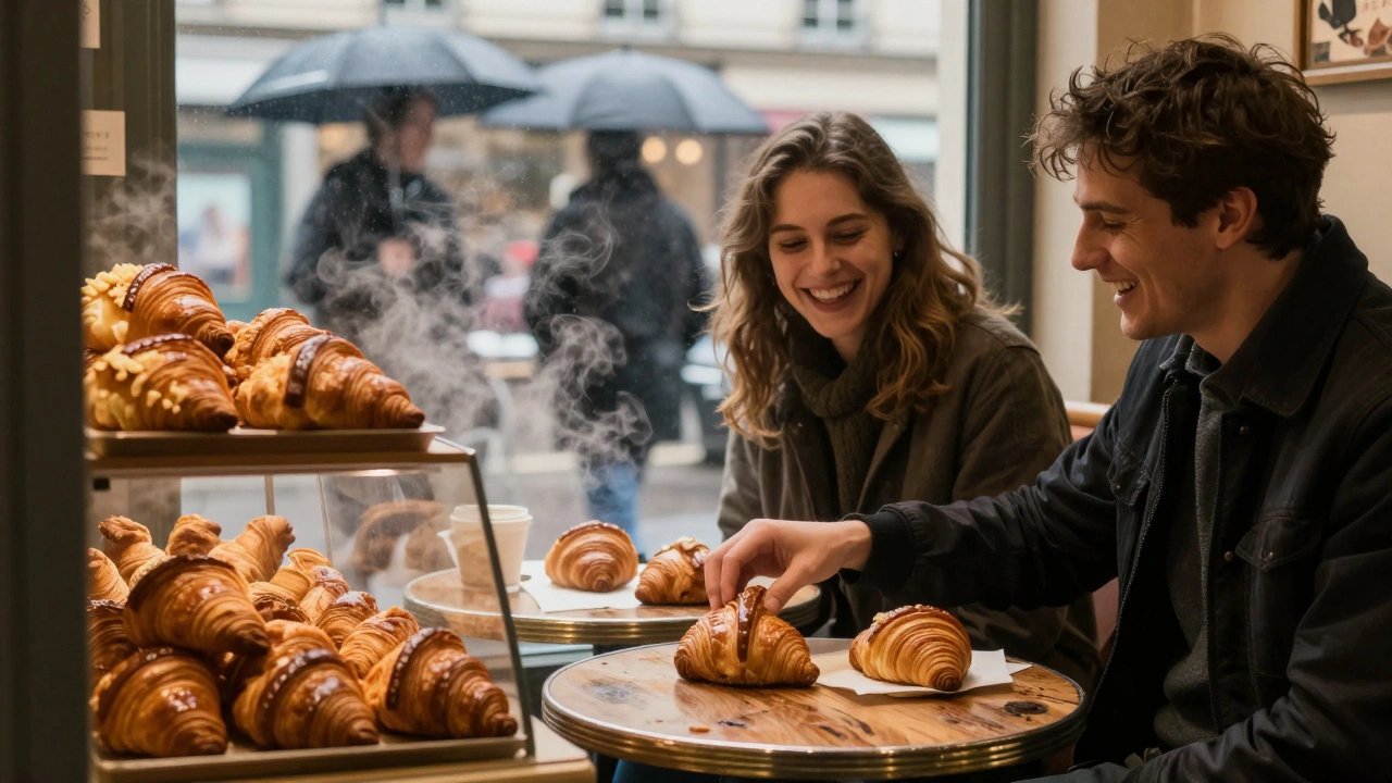 Two people sharing almond croissants in a Paris bakery on a rainy afternoon, steam rising from pastries and fogged windows.