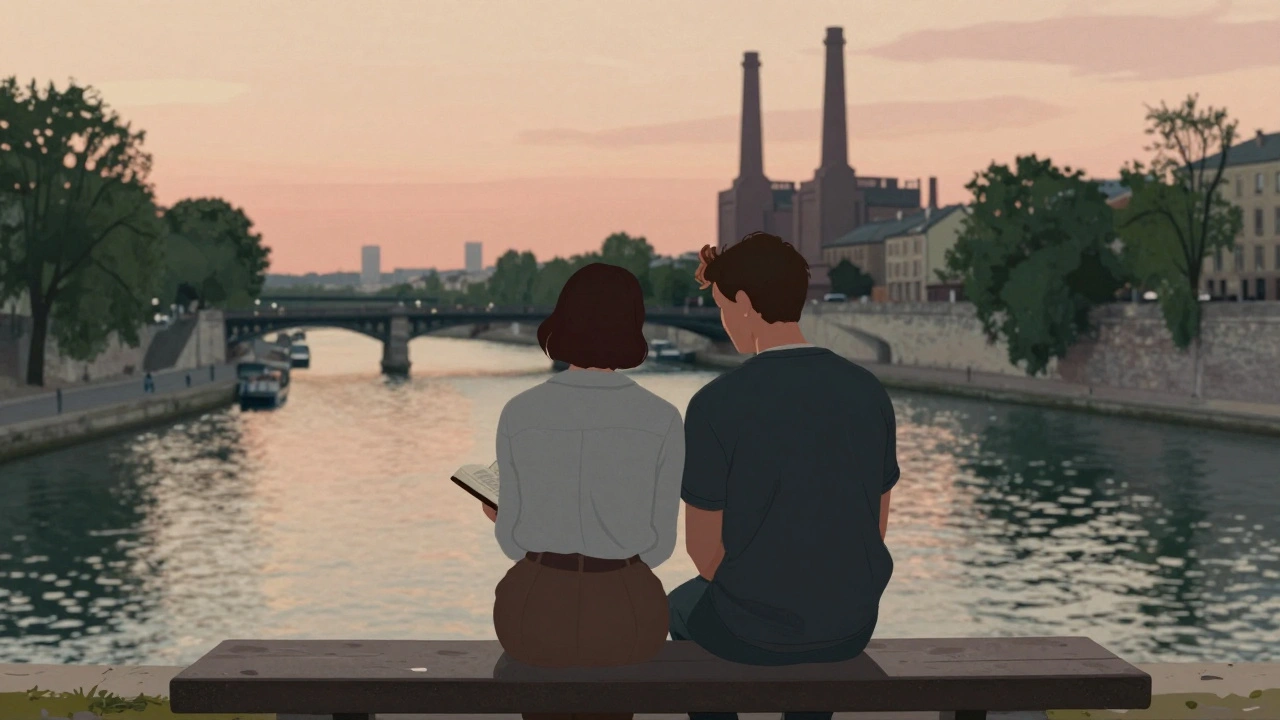 Two people sitting side by side on a bench overlooking the Canal Saint-Martin at sunset, sharing a peaceful moment.