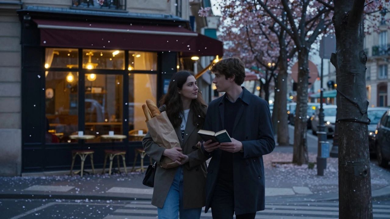 Two people walking calmly under cherry blossoms in a quiet Paris street at twilight, no landmarks visible.
