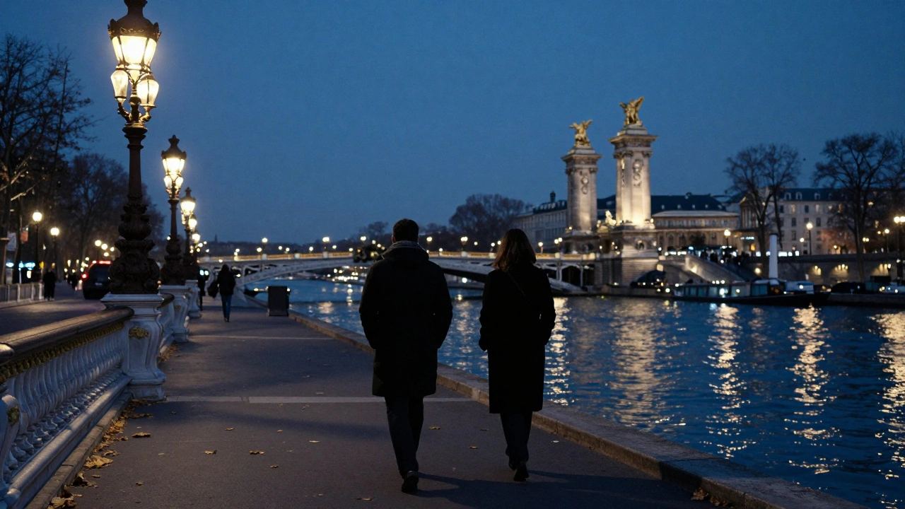 Two silhouettes walking peacefully along the Seine at night under golden lampposts.