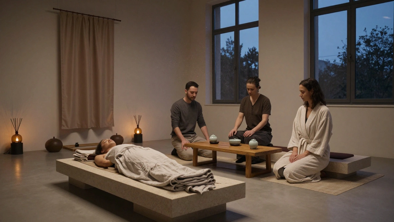 Two therapists prepare a couples' massage session in a minimalist room with heated stone tables, essential oils, and silk curtains.